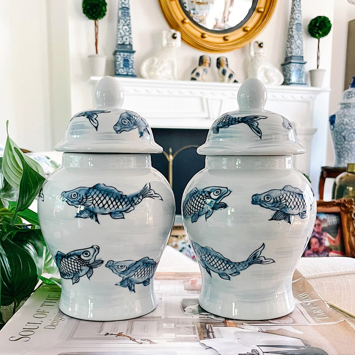 Pair Of Blue & White Chinoiserie Koi Fish Jars