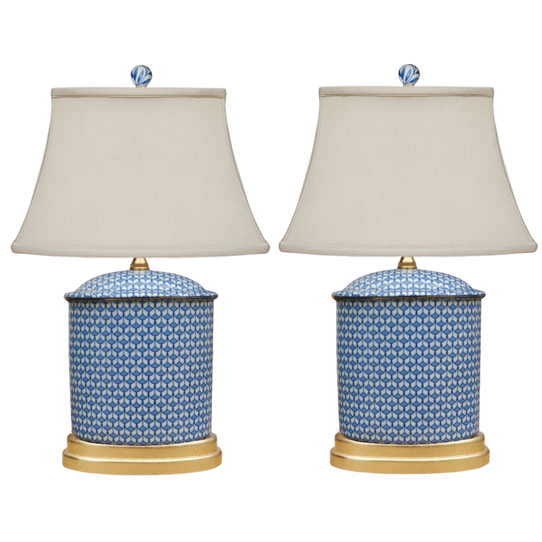 Pair Of Blue & White Fishnet Porcelain Table Lamps