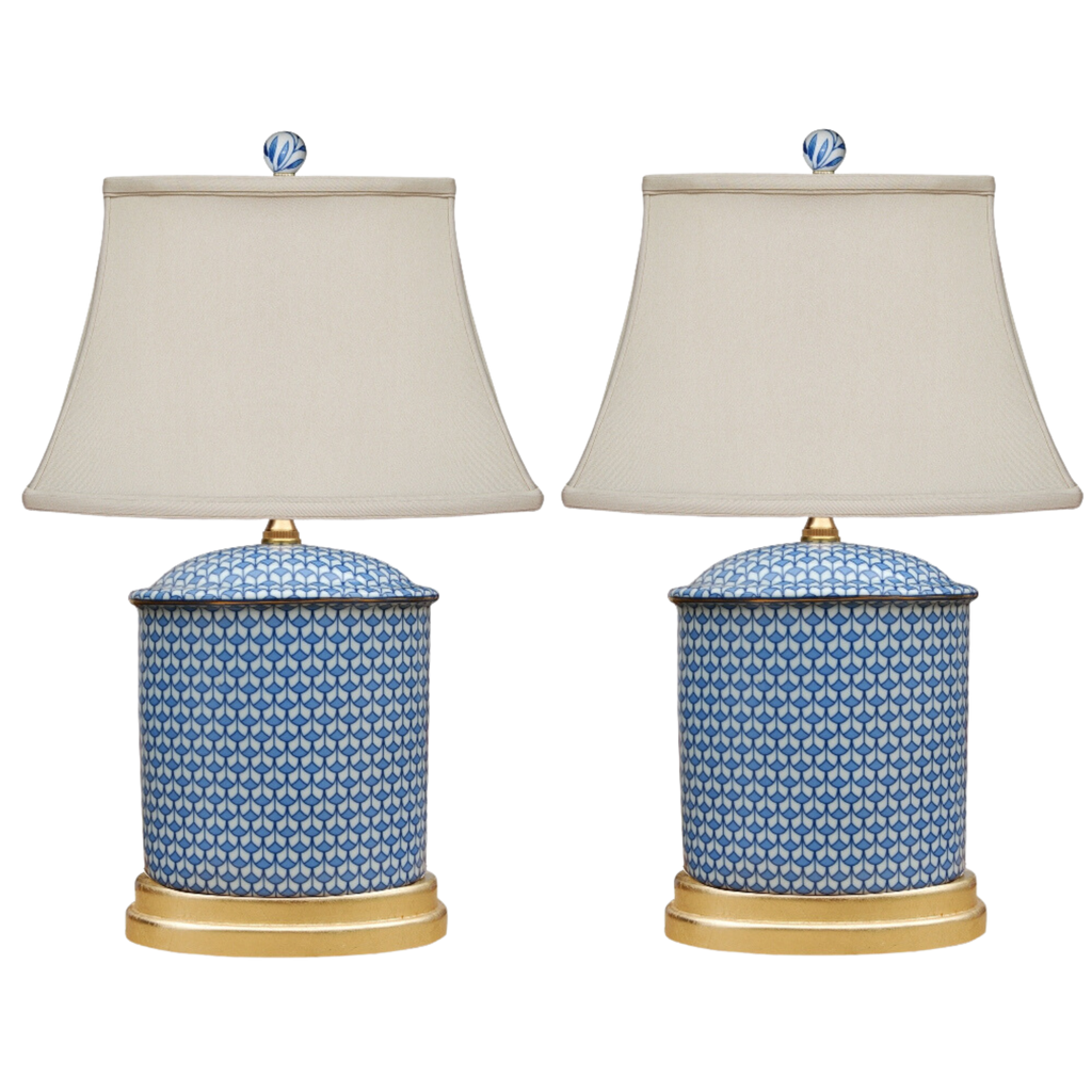 Pair Of Blue White Fishnet Porcelain Table Lamps With Gold Base