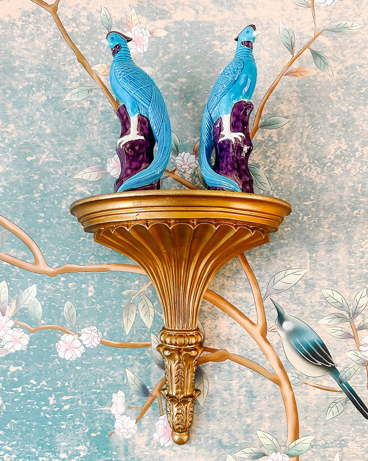 Pair Of Chinese Turquoise Porcelain Perched Phoenix Birds