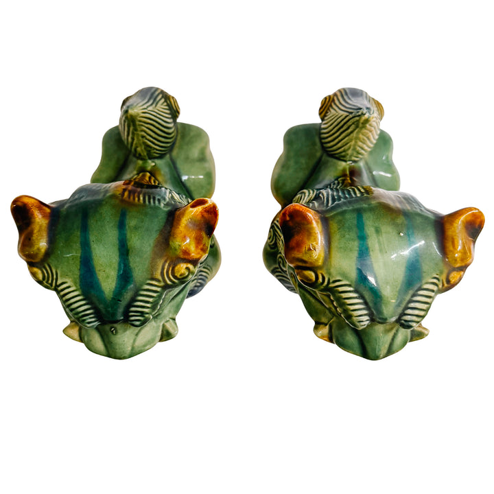 Pair Of Green & Blue Glazed Ceramic Foo Dog Figurines
