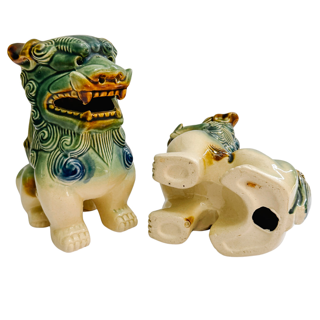 Pair Of Green & Blue Glazed Ceramic Foo Dog Figurines