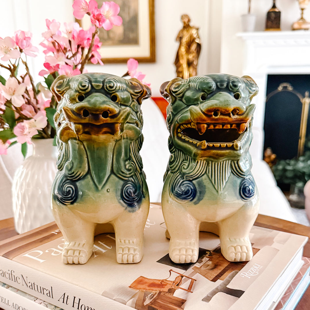 Pair Of Green & Blue Glazed Ceramic Foo Dog Figurines