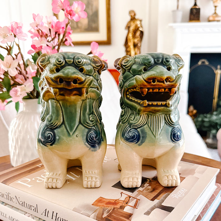 Pair Of Green & Blue Glazed Ceramic Foo Dog Figurines