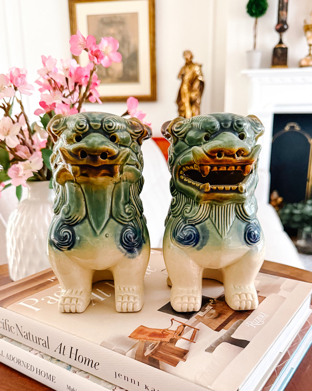 Pair Of Green & Blue Glazed Ceramic Foo Dog Figurines