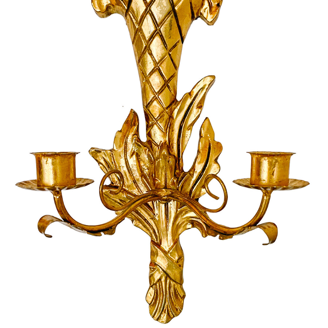 Pair Of Italian Giltwood & Tole Two-Arm Candlestick Wall Sconces