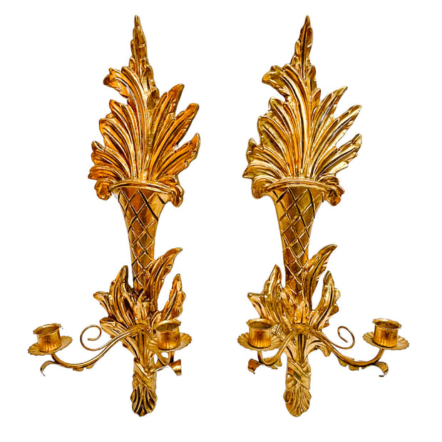 Pair Of Italian Giltwood & Tole Two-Arm Candlestick Wall Sconces