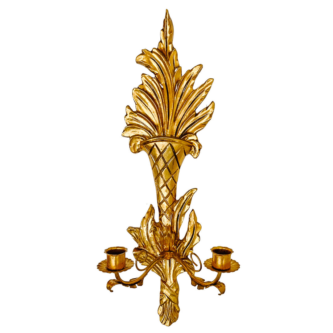 Pair Of Italian Giltwood & Tole Two-Arm Candlestick Wall Sconces