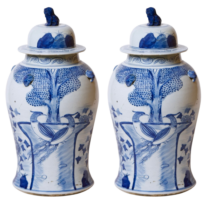 Large Chinese Blue & White Phoenix Birds Temple Jar