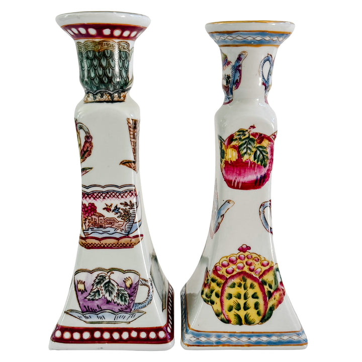 Vintage Chinoiserie English Tea Porcelain Candlestick Holders