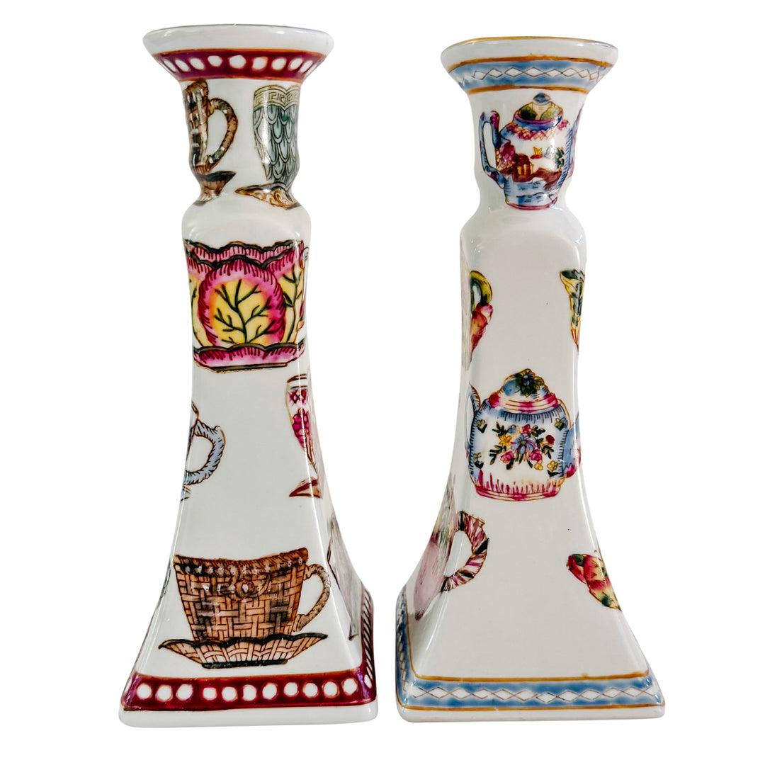 Vintage Chinoiserie English Tea Porcelain Candlestick Holders