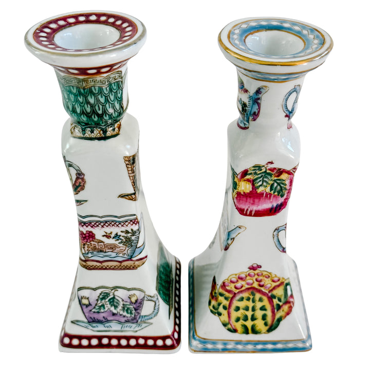 Vintage Chinoiserie English Tea Porcelain Candlestick Holders