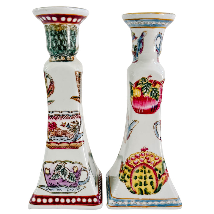 Vintage Chinoiserie English Tea Porcelain Candlestick Holders