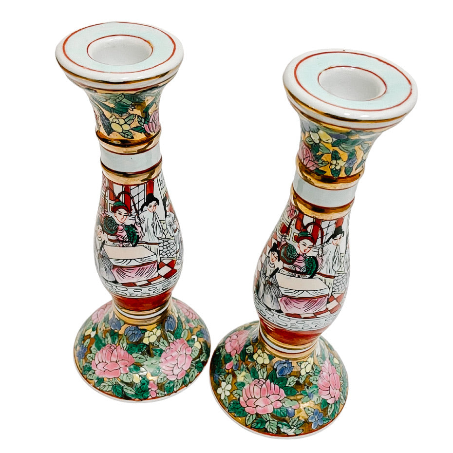 Pair Of Vintage Rose Medallion Candlestick Holders