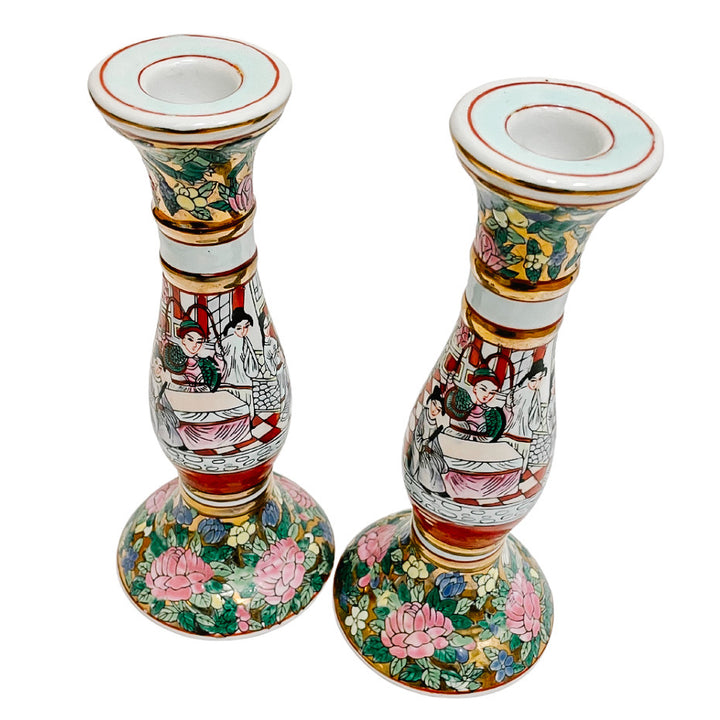 Pair Of Vintage Rose Medallion Candlestick Holders