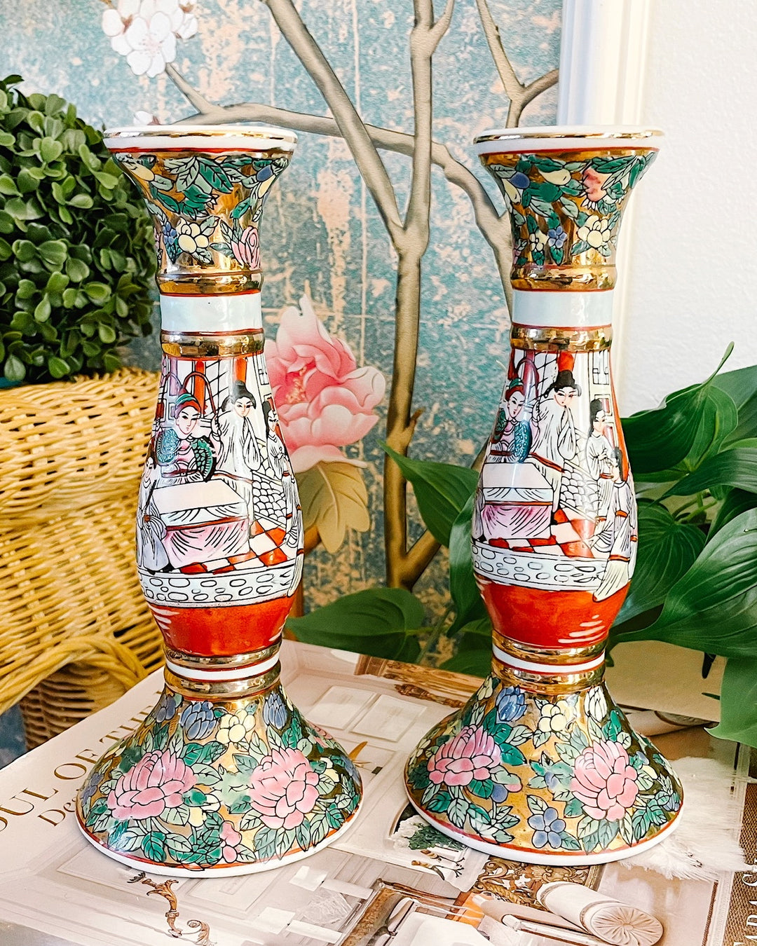 Pair Of Vintage Rose Medallion Candlestick Holders