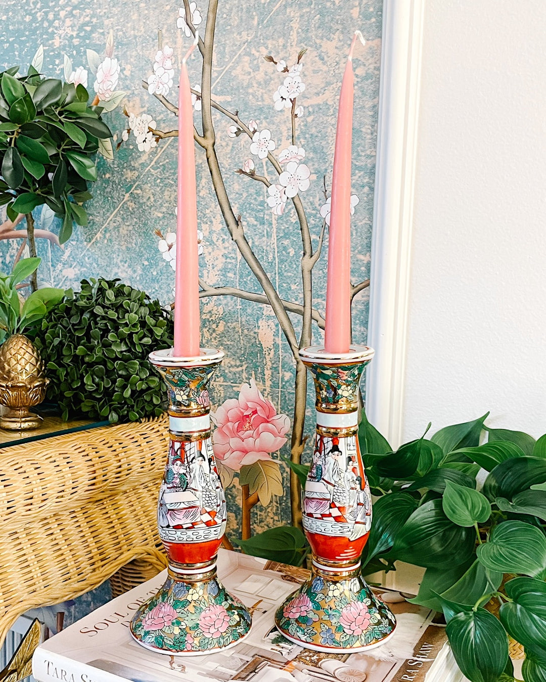 Pair Of Vintage Rose Medallion Candlestick Holders