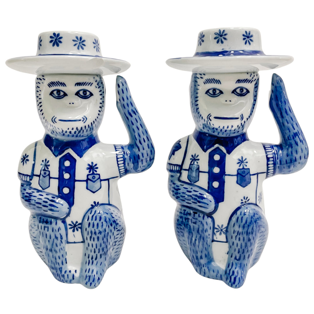 Blue & White Chinese Monkey Candleholders