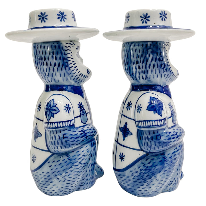 Pair of Blue & White Chinese Monkey Candleholders