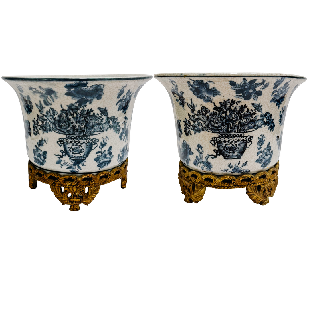 Pair of Blue & White Chinoiserie Planters With Faux Ormolu