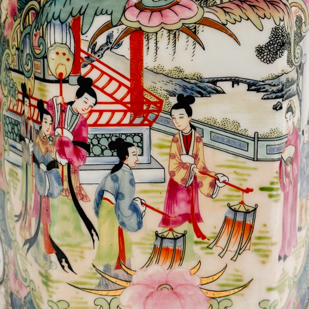Pair of Famille Rose Medallion Hexagonal Jars