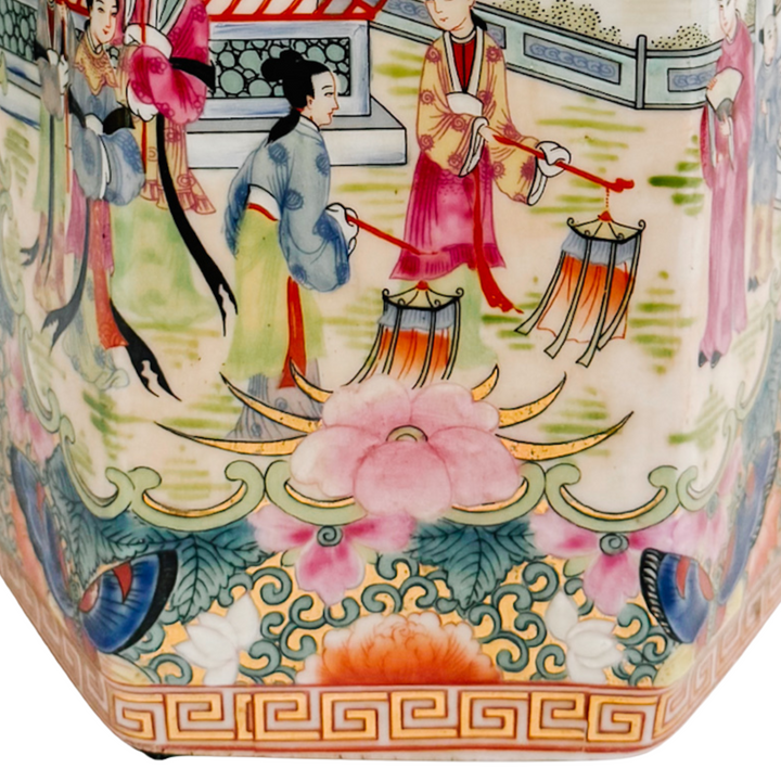 Pair of Famille Rose Medallion Hexagonal Jars