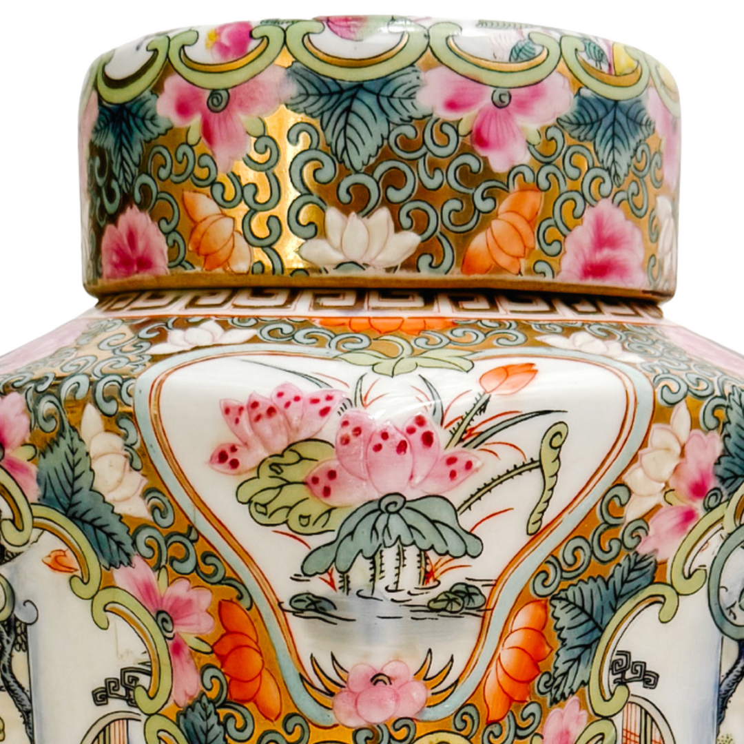 Pair of Famille Rose Medallion Hexagonal Jars