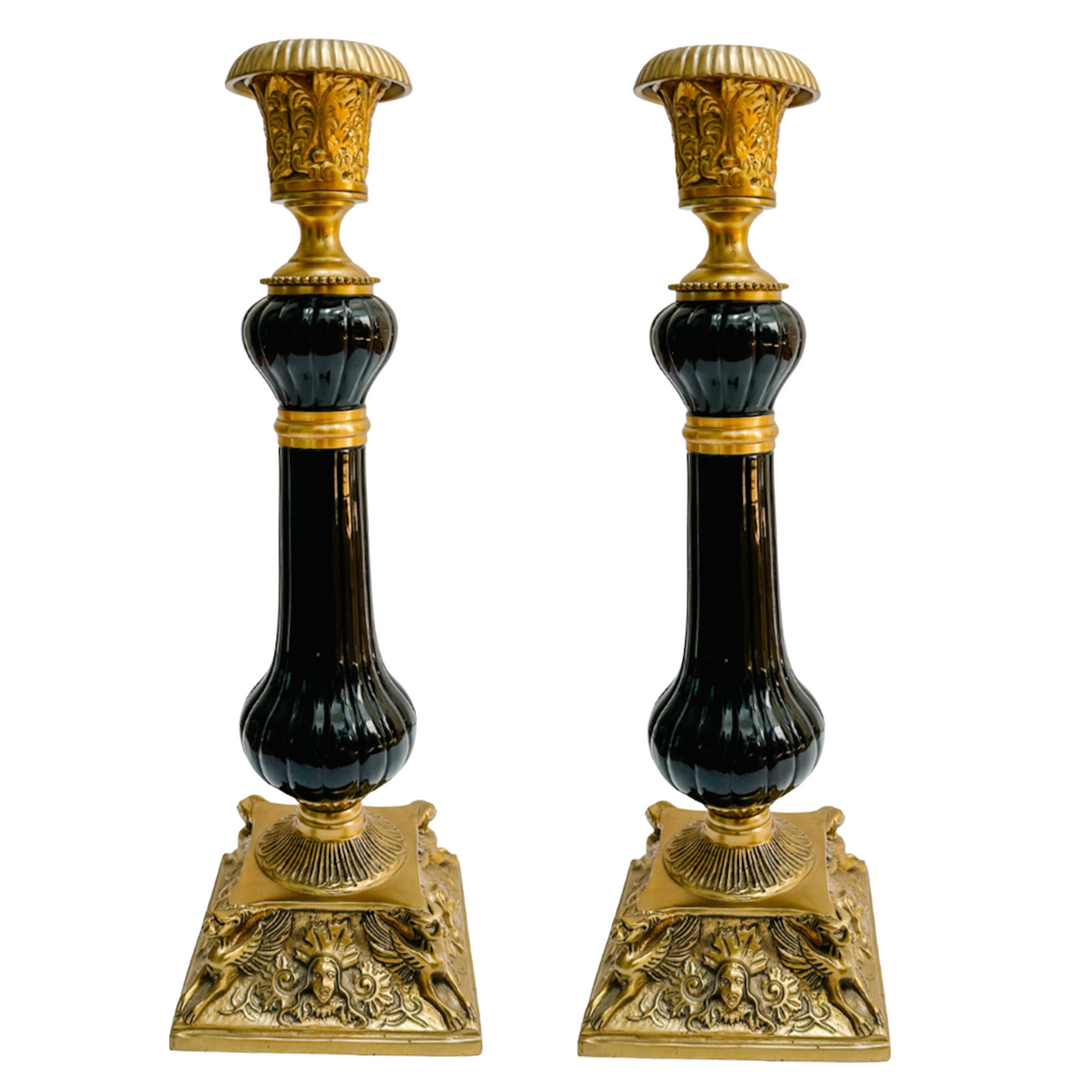 Pair of French Empire Gilt Steel and Japanned Metal Candlesticks