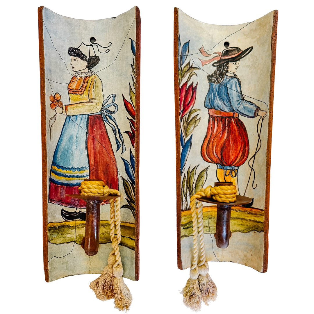 Pair of French Provincial Terracotta Tile Candle Sconces With Breton Folk Figures