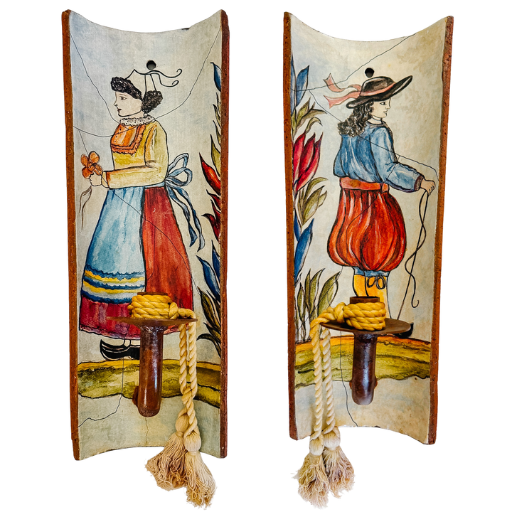Pair of French Provincial Terracotta Tile Candle Sconces With Breton Folk Figures