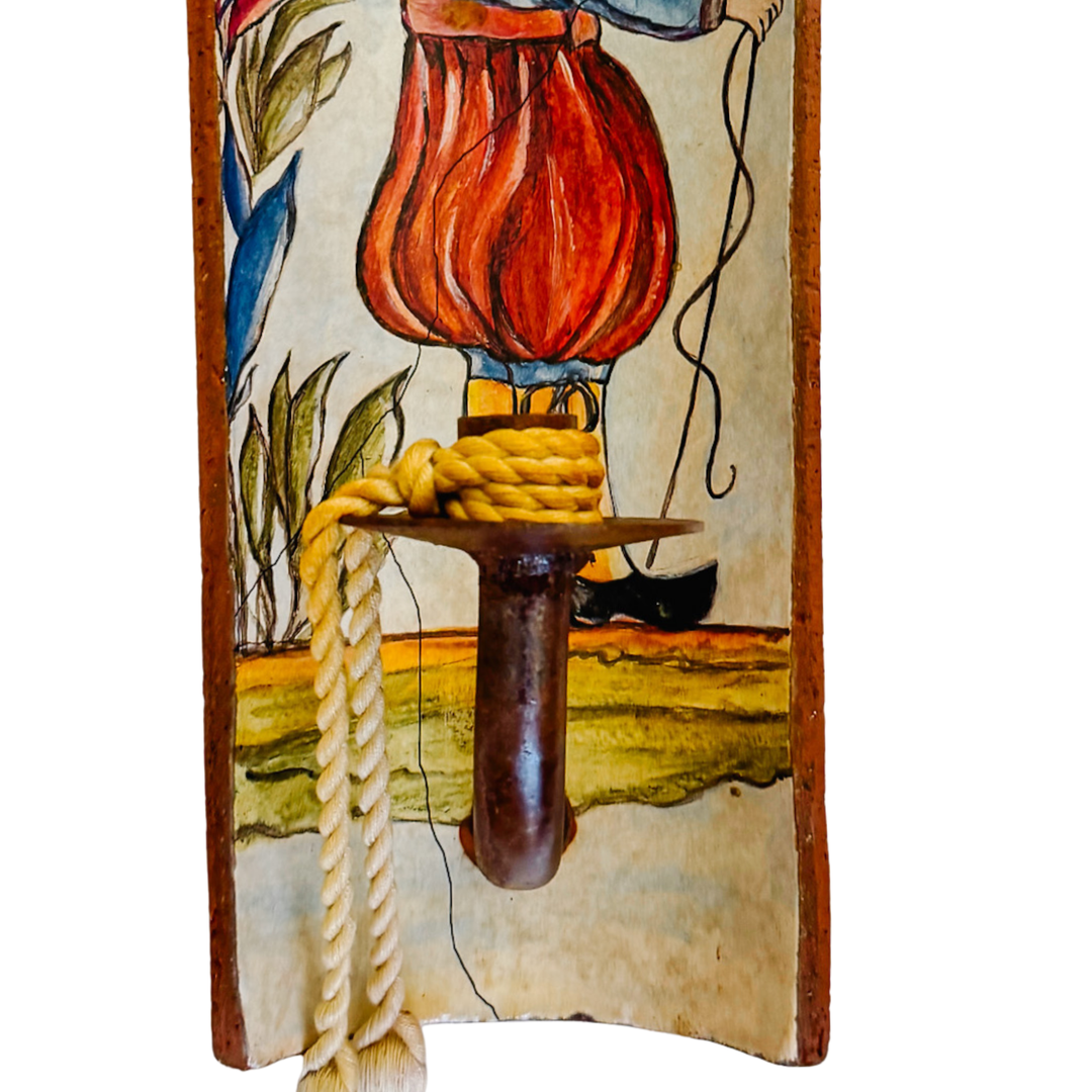 Pair of French Provincial Terracotta Tile Candle Sconces With Breton Folk Figures
