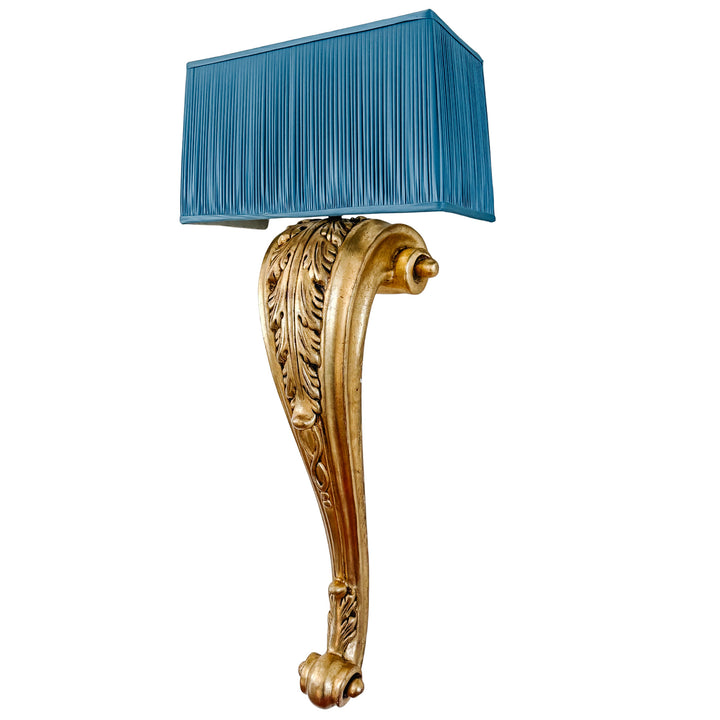 Pair of Grand Scale Parisian Giltwood Corbel Sconces With Blue Pleated Silk Shades