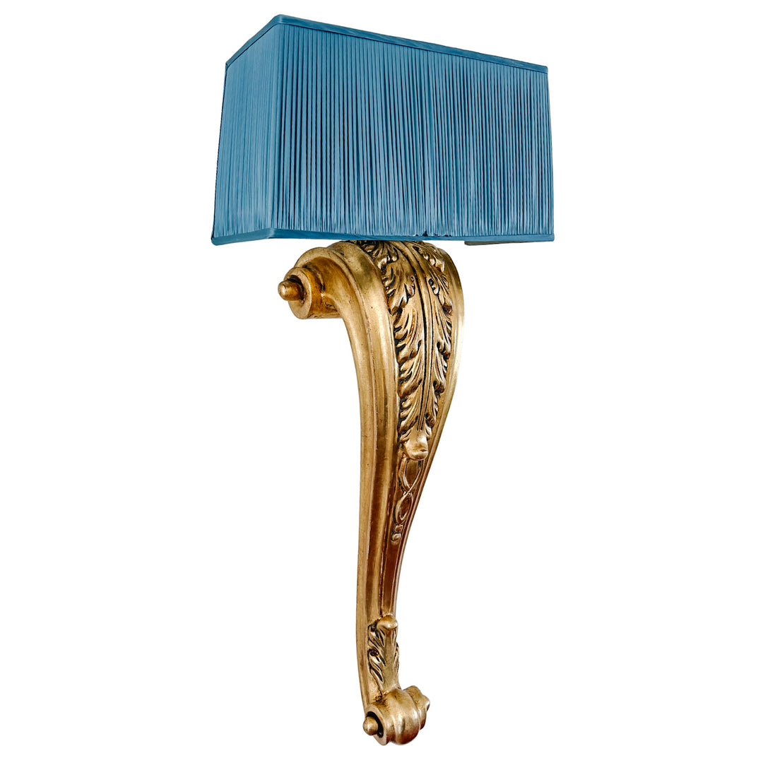 Pair of Grand Scale Parisian Giltwood Corbel Sconces With Blue Pleated Silk Shades