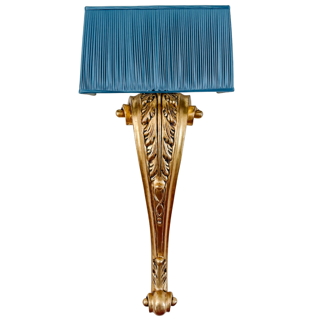 Pair of Grand Scale Parisian Giltwood Corbel Sconces With Blue Pleated Silk Shades