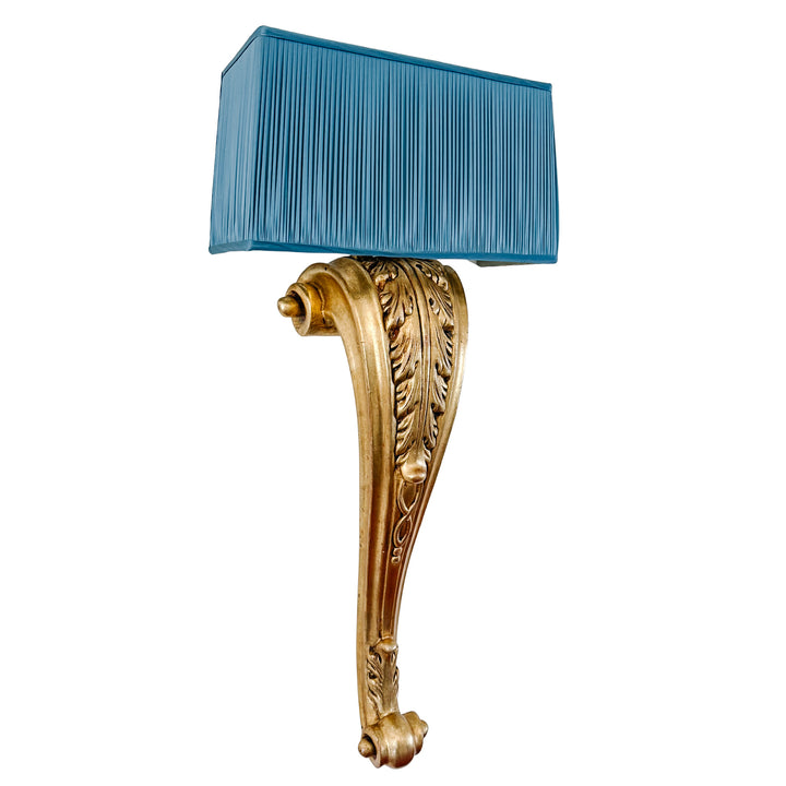 Pair of Grand Scale Parisian Giltwood Corbel Sconces With Blue Pleated Silk Shades