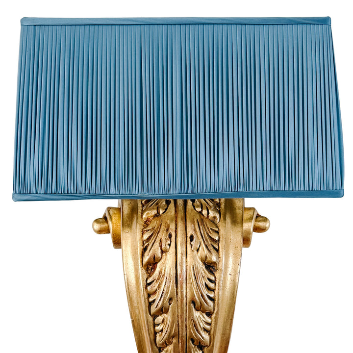 Pair of Grand Scale Parisian Giltwood Corbel Sconces With Blue Pleated Silk Shades