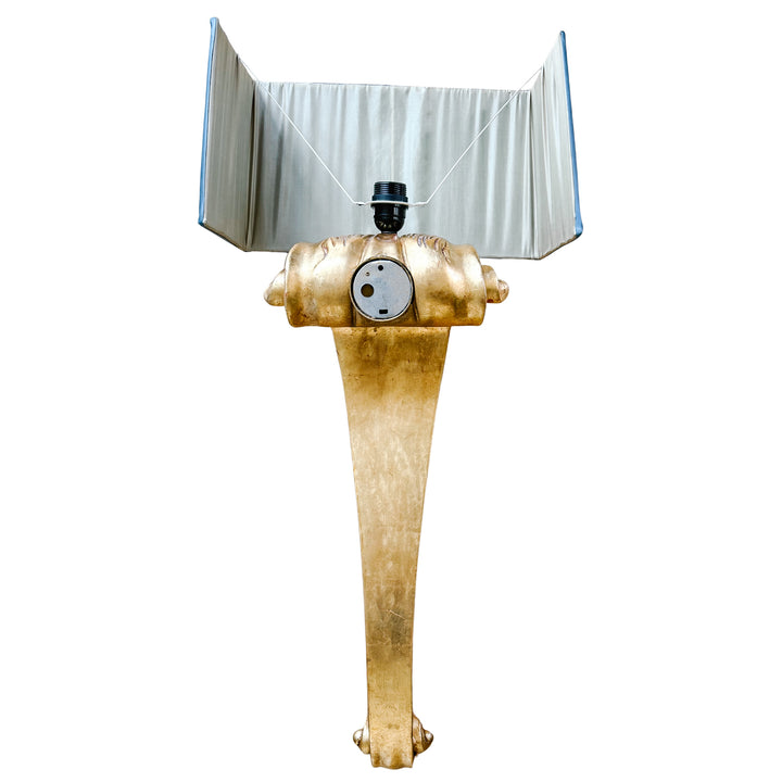 Pair of Grand Scale Parisian Giltwood Corbel Sconces With Blue Pleated Silk Shades