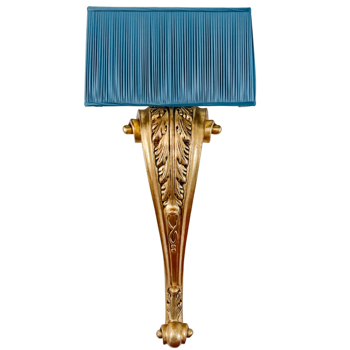 Pair of Grand Scale Parisian Giltwood Corbel Sconces With Blue Pleated Silk Shades