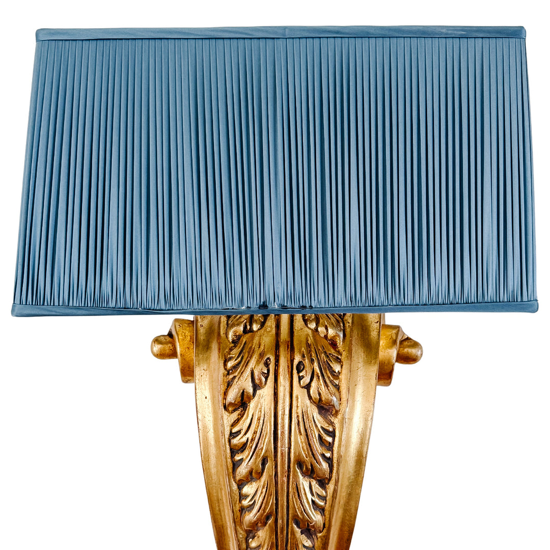 Pair of Grand Scale Parisian Giltwood Corbel Sconces With Blue Pleated Silk Shades