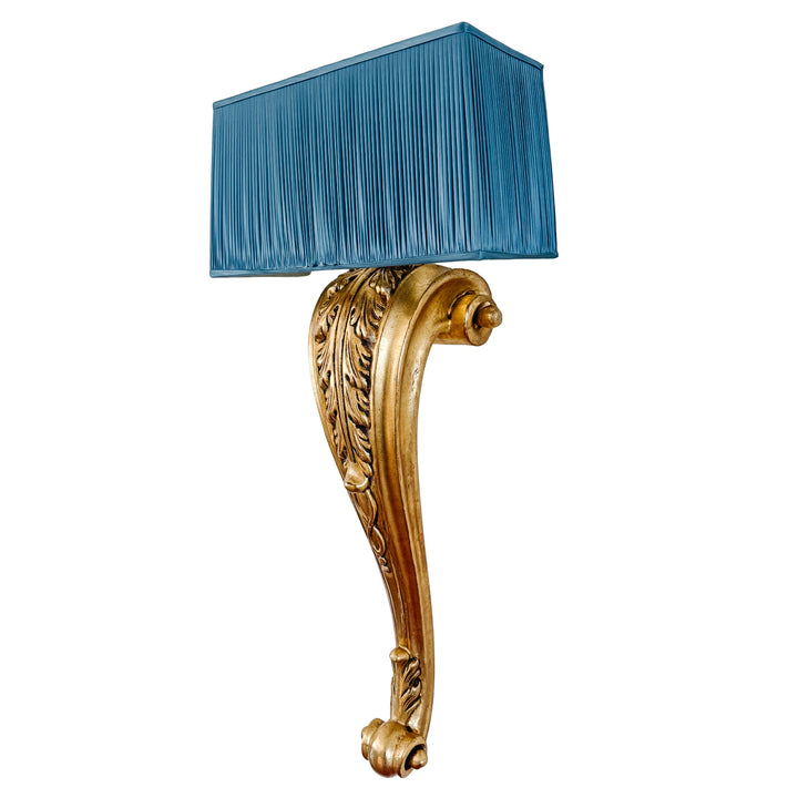 Pair of Grand Scale Parisian Giltwood Corbel Sconces With Blue Pleated Silk Shades