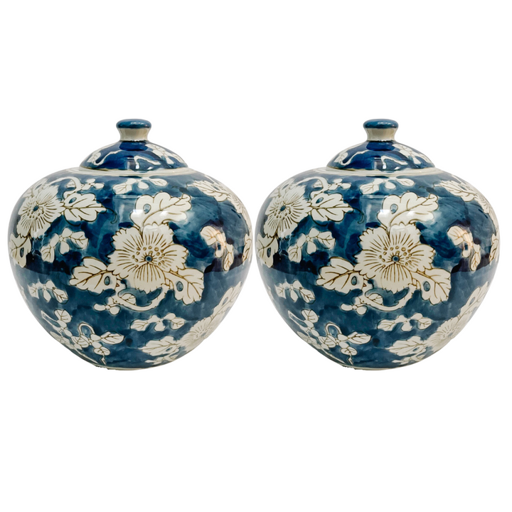 Pair of Indigo Blue & White Scrolling Floral Ginger Jars