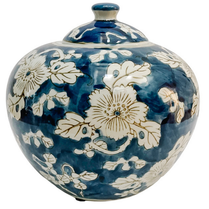 Pair of Indigo Blue & White Scrolling Floral Ginger Jars