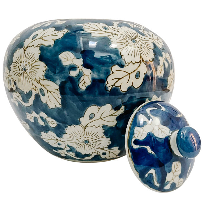 Pair of Indigo Blue & White Scrolling Floral Ginger Jars