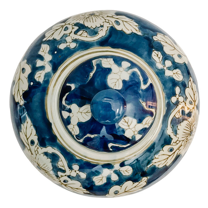 Pair of Indigo Blue & White Scrolling Floral Ginger Jars
