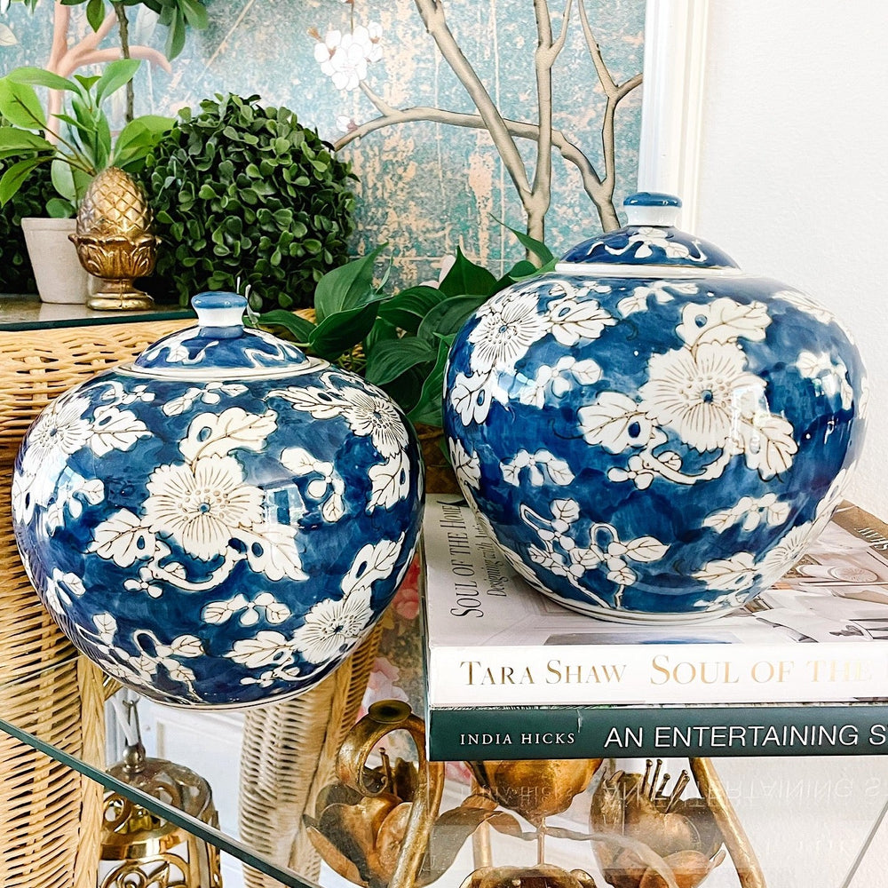 Pair of Indigo Blue & White Scrolling Floral Ginger Jars