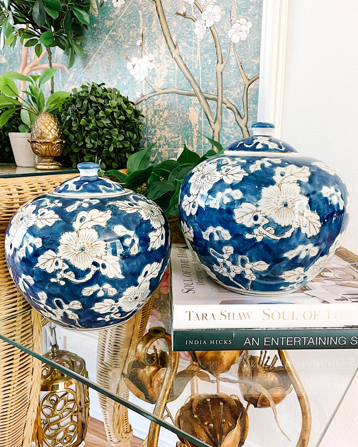 Pair of Indigo Blue & White Scrolling Floral Ginger Jars