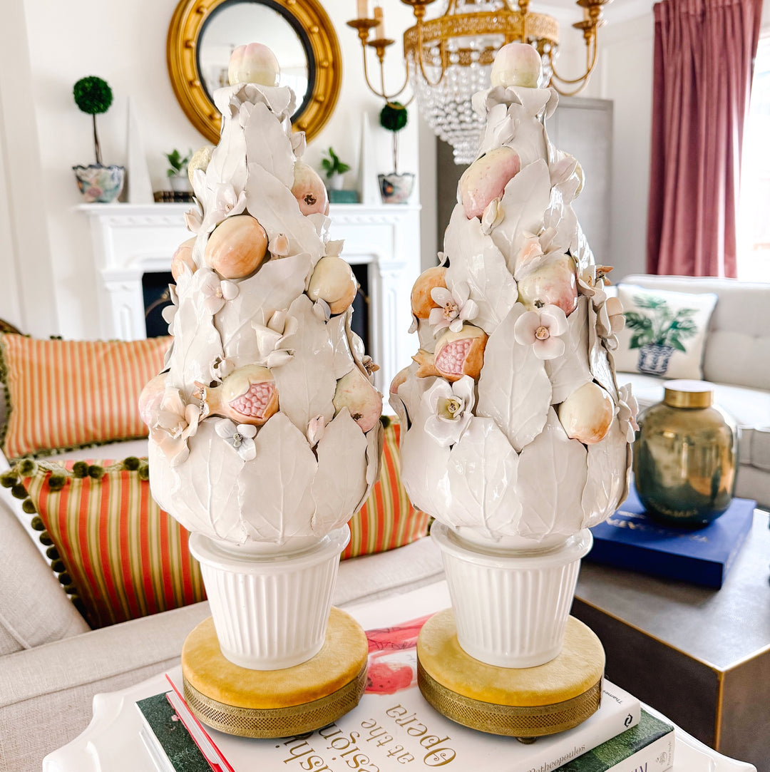 Pair of Italian Porcelain White Leaf & Pastel Fruit Topiaries / Table Lamps