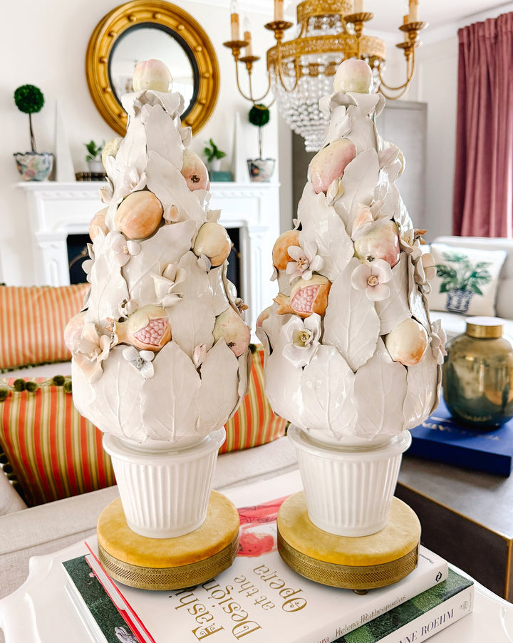 Pair of Italian Porcelain White Leaf & Pastel Fruit Topiaries / Table Lamps