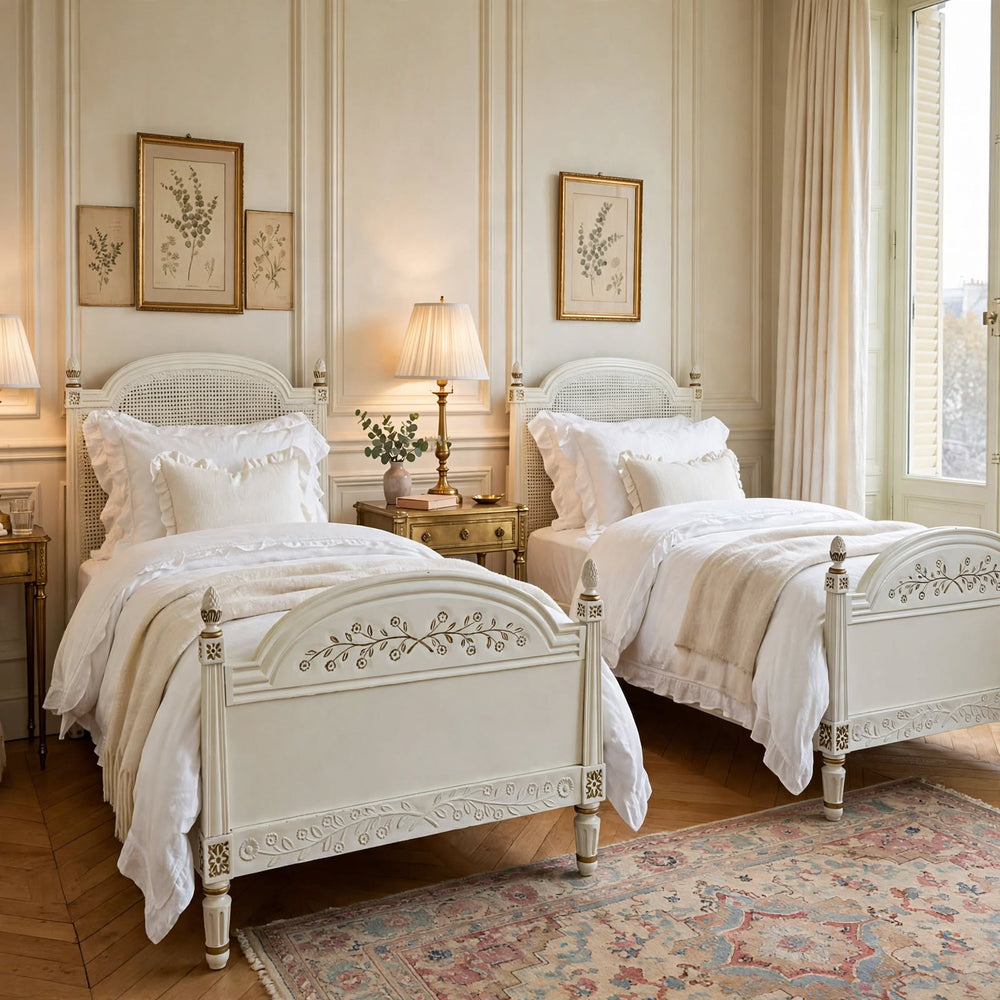 Pair of Mid-Century French Louis XVI Style Creme Peinte & Gilt Twin Cane Beds
