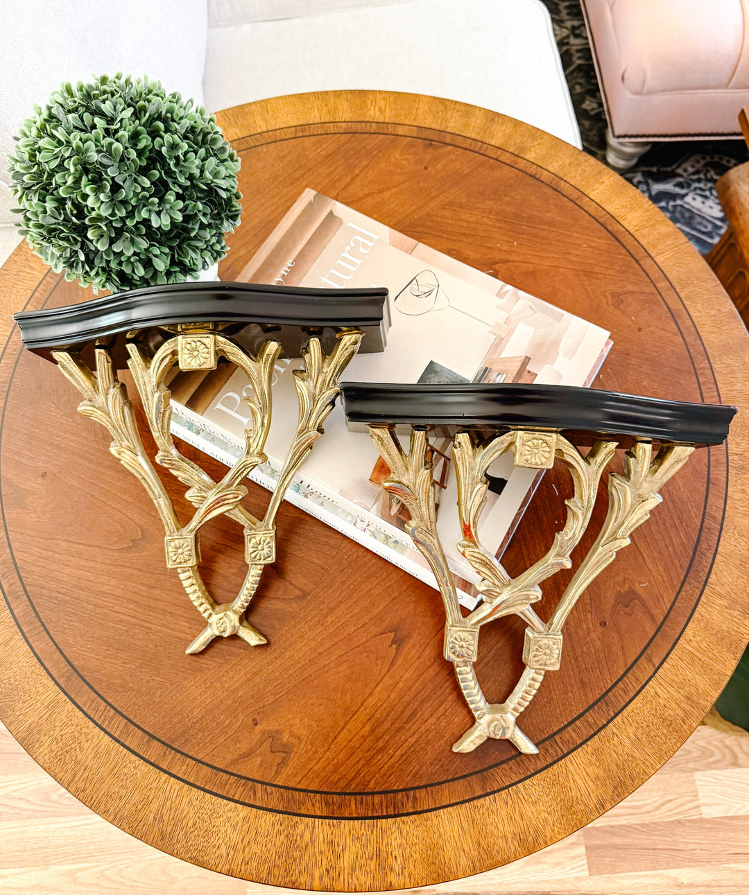 Pair of Neoclassical Cast Brass & Dark Cherry Wood Wall Brackets